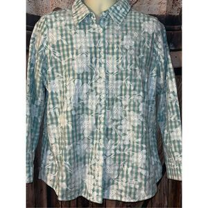 Appleseed's Womens Blue Floral Embroidered Plaid Button Up Shirt Size Large NWT